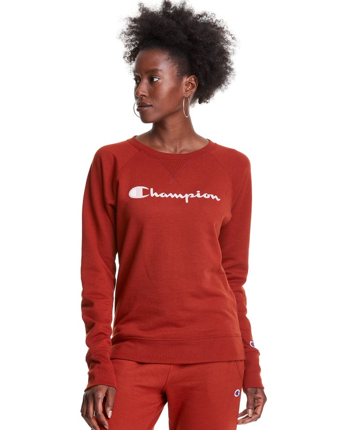 Champion Powerblend Fleece Classic Crew Script Logo Sweatshirt Dames - Bruin - Belgie 1870HNPRK